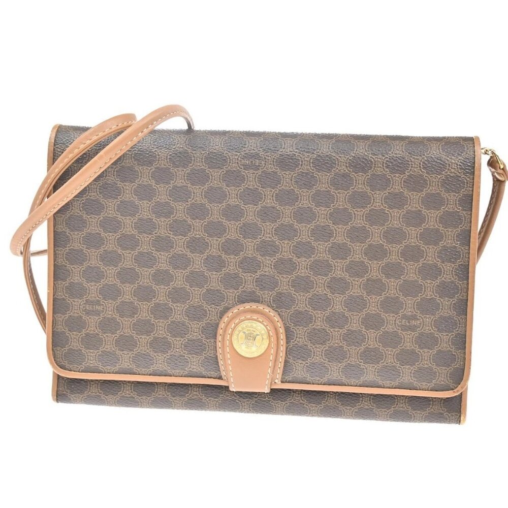 CELINE Logo Macadam Pattern Shoulder Bag PVC Leather Brown GHW Italy 36KB969